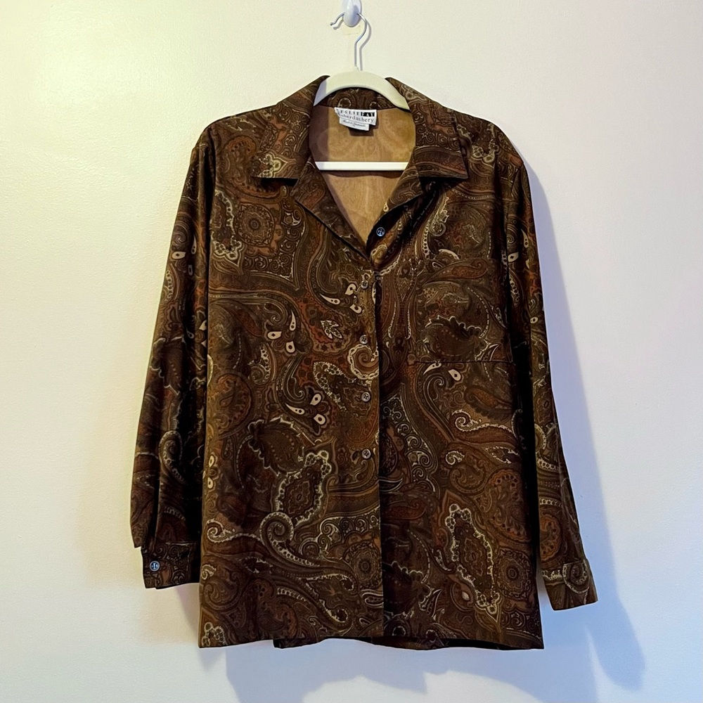 Vintage 90s Leslie Fay Paisley Blouse Suede Feel Brown Soft Matte Size 10